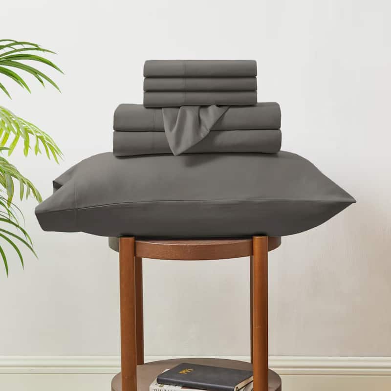 Modern Threads 6-Piece Satin Sheet Set with Deep Pocket Fitted Sheet, 4 Pillowcases, and Organizer