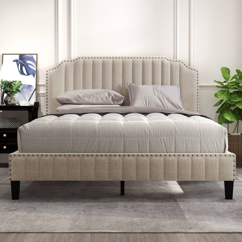 Queen Linen Fabric Platform Bed with Nailhead Trim & Headboard Bed Bath & Beyond 39168324