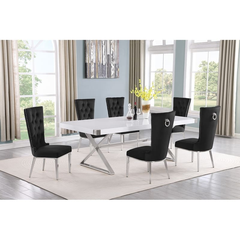 Best Quality Furniture D442/3-SC330-7 Dining Set with 94" White Lacquer Wood Top - 7-Piece - Black / Silver