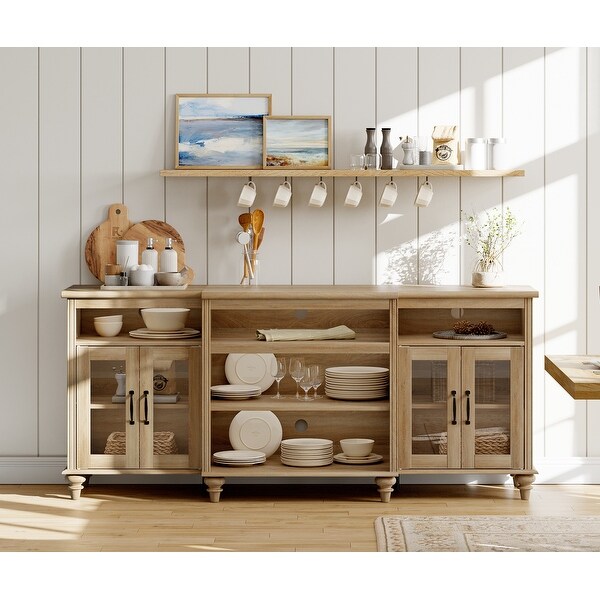 Buffet Cabinet with Glass Doors Oak Kitchen Cabinet with Storages 70inch