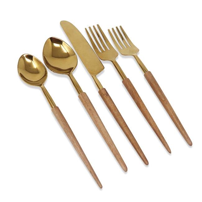 Service for 4 - 20 Pc Flatware Set with Wooden Pointy Handles
