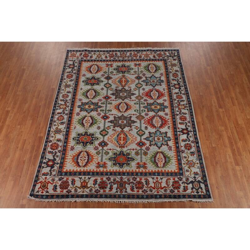 All-Over Geometric Oushak Indian Area Rug Hand-Knotted Wool Carpet - 7'9"x 9'10"