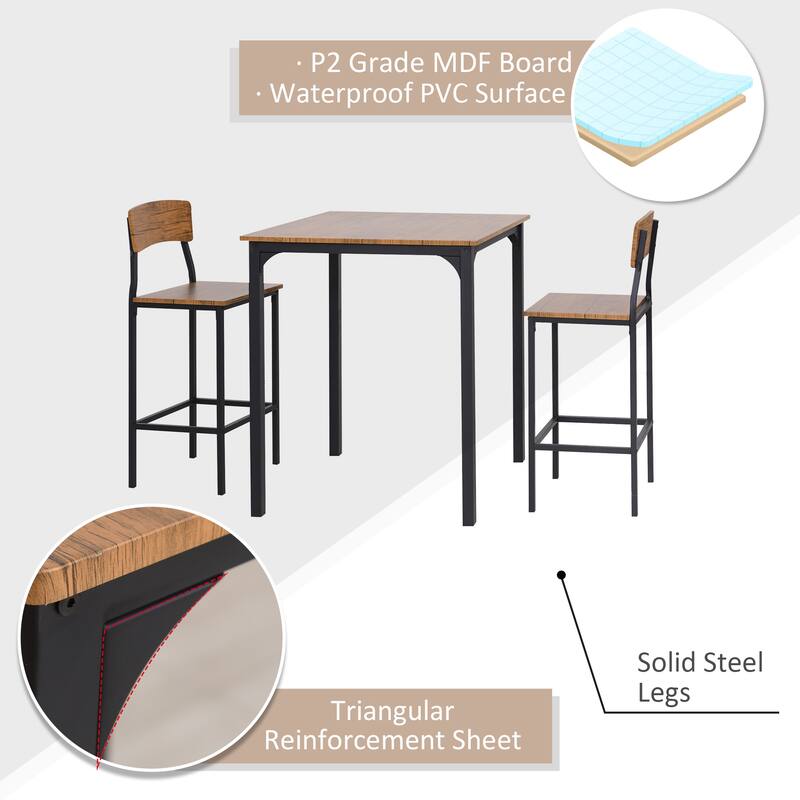 HOMCOM 3 PCs Modern Counter Height Dining Table Set with 2 Matching Stools Foorest Steel Legs