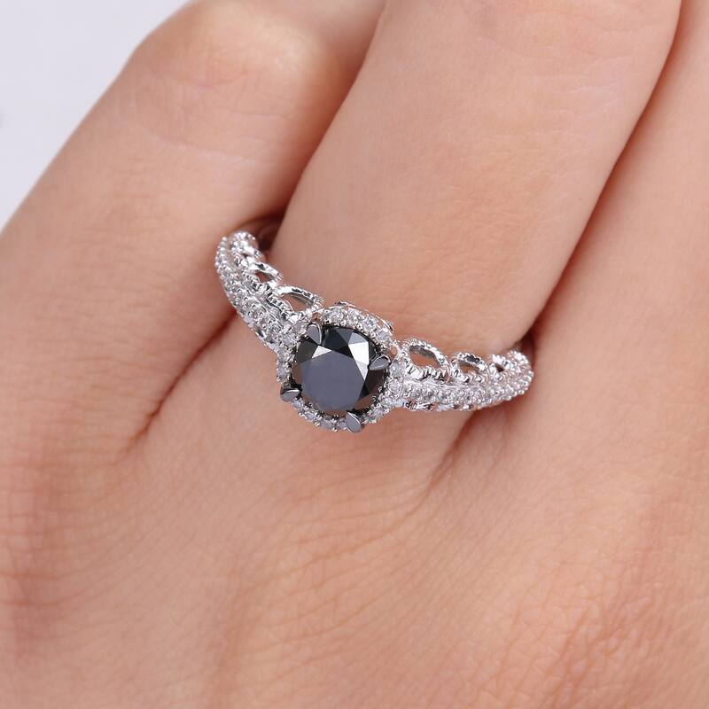 Miadora 10k White Gold with Black Rhodium 1 1/6ct TDW Black & White Diamond Halo Engagement Ring