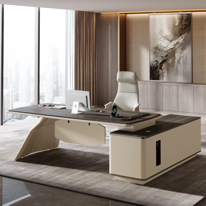 86-Inch Modern Office Executive Desk with Drawers - White
