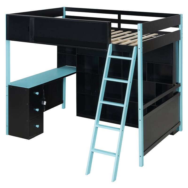 RGB Gaming Loft Bed with Desk, Light Strip, Display Wall, Storage Shelves, Sliding Access Door and Drawers, No Box Spring Needed