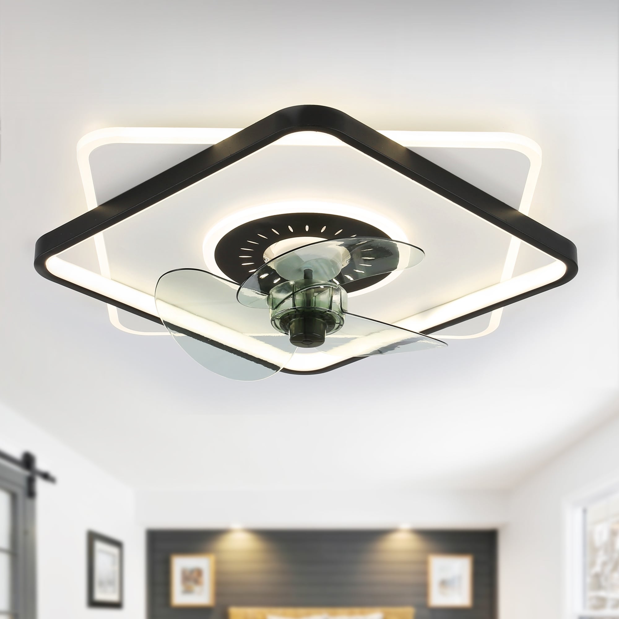 20" Black Square Low Profile Ceiling Fan with Dimmable Light, 6-speed Reversible with Remote Control