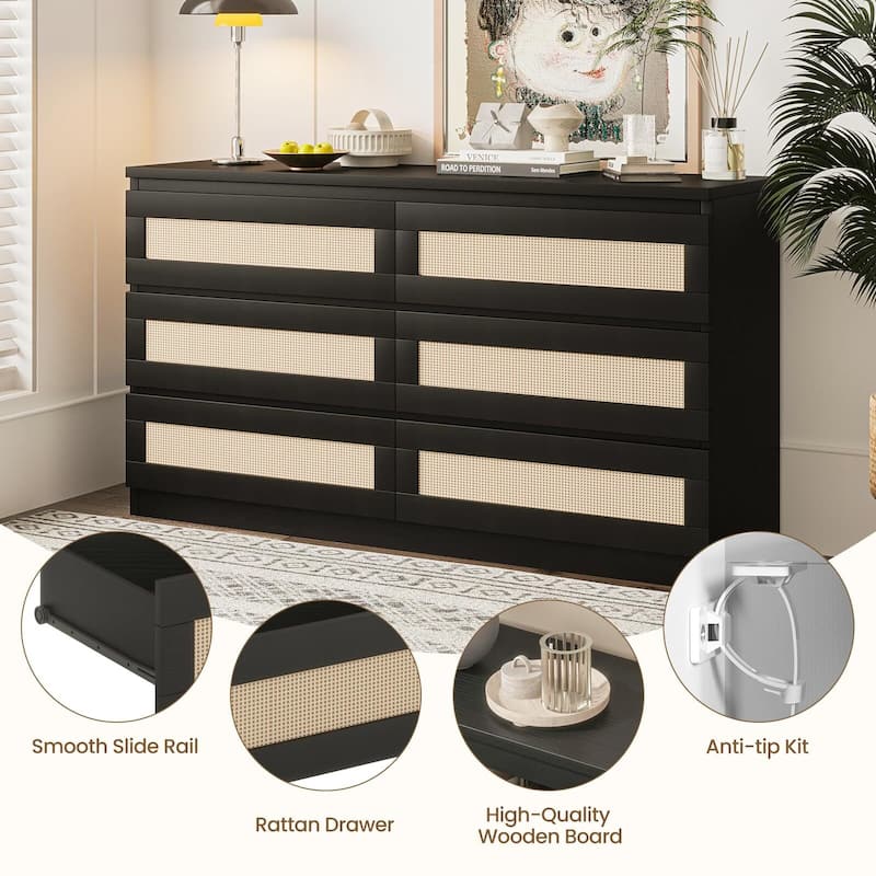 6 Drawer Dresser, Rattan Chest of Dressers