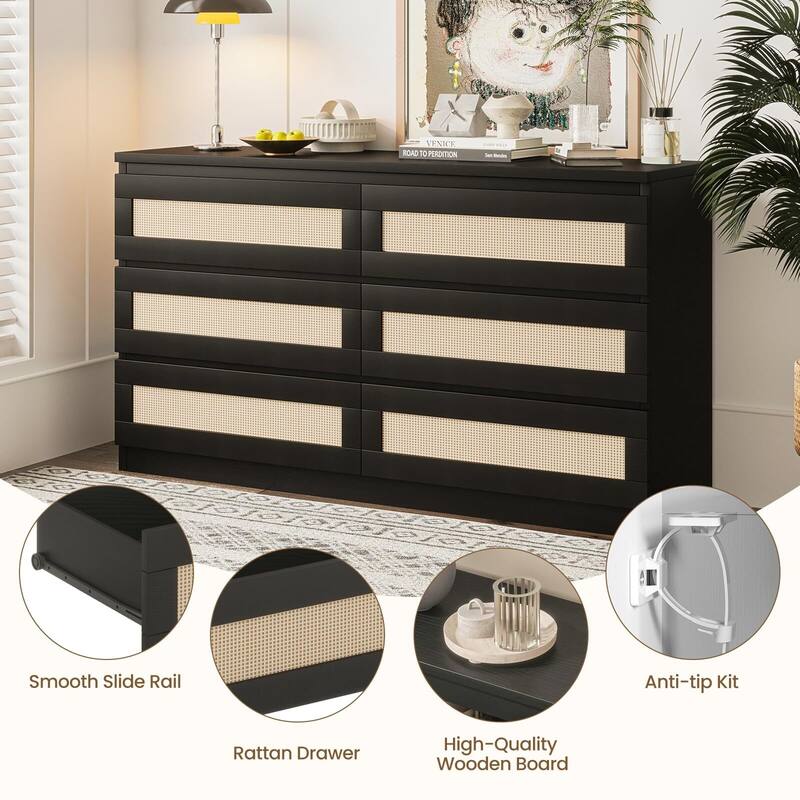 Rattan Dresser for Bedroom, Modern 6 Drawer Double Dresser with Anti-Tip Kit
