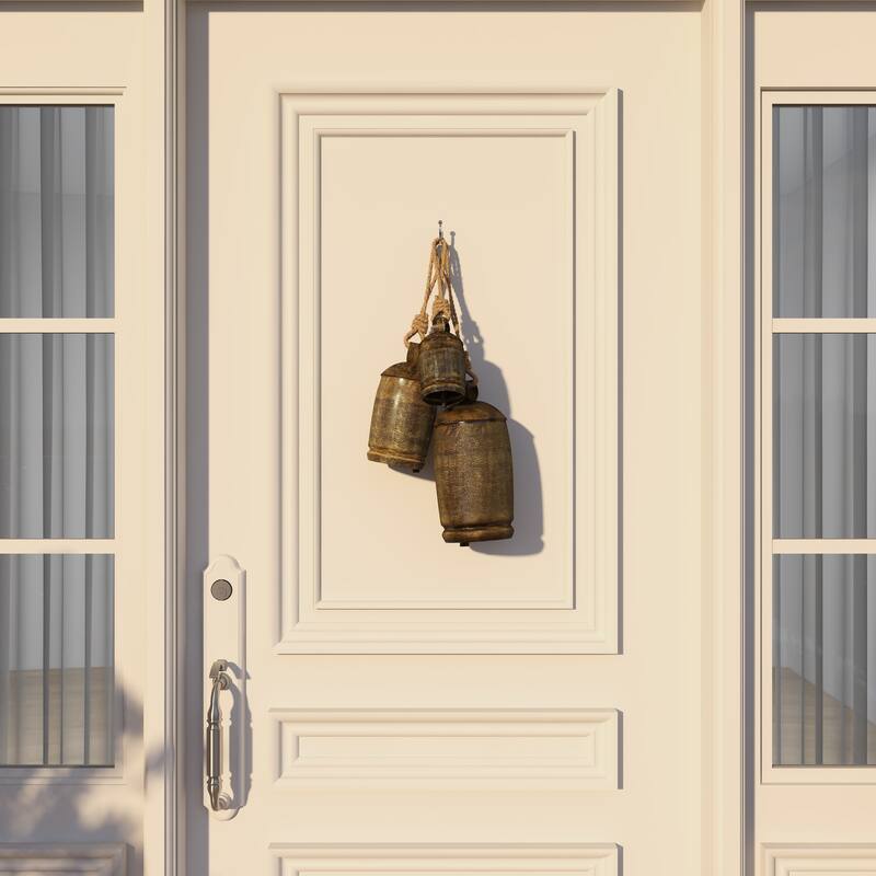 Metal Tibetan Inspired Decorative Cow Bells with Jute Hanging Rope - Set of 3 - Roche River Decor