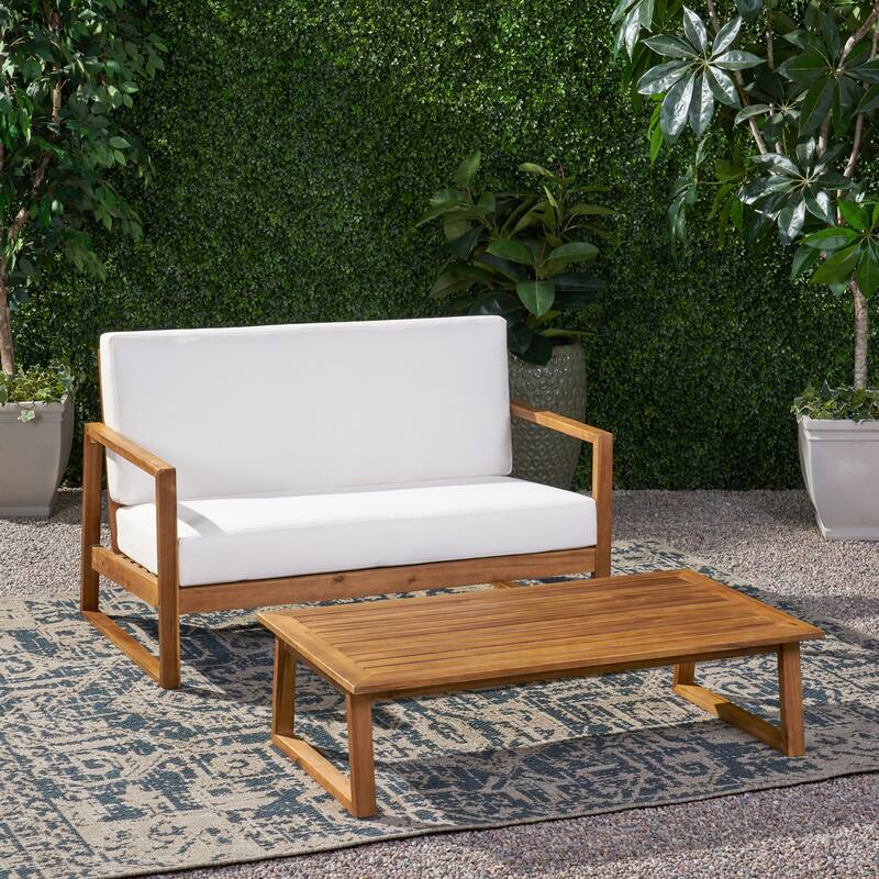 Roomfitters Belgian Outdoor Loveseat and Coffee Table Set, Modern Patio Furniture, Durable Acacia Wood Frame