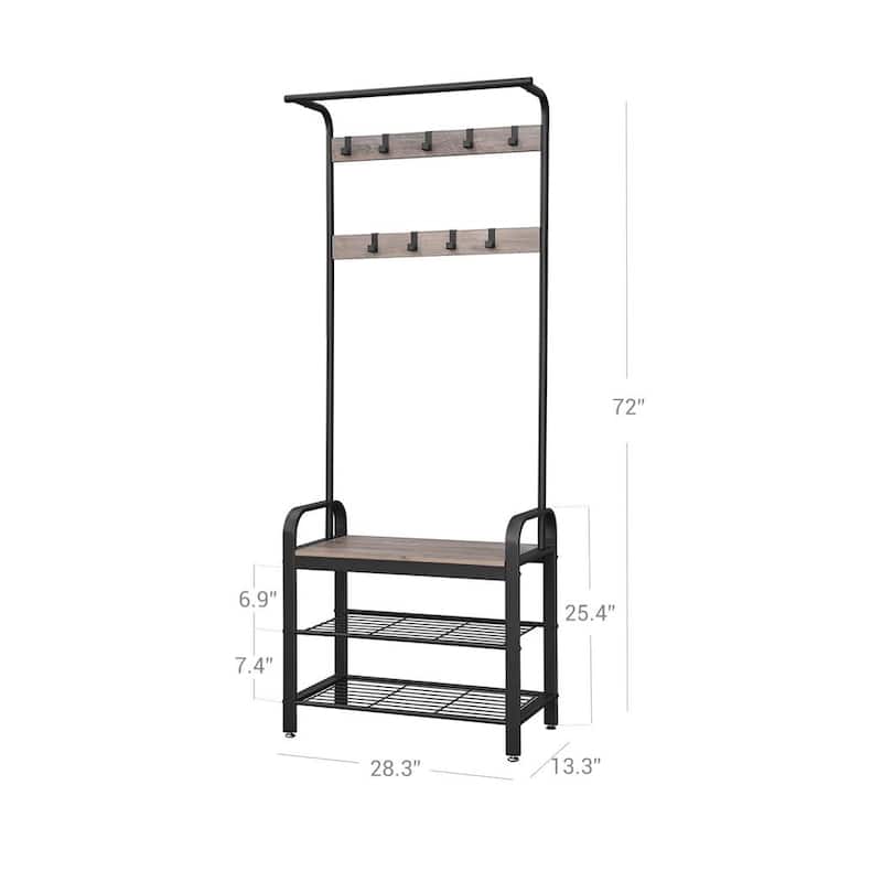 Grey-Black Hall Tree Entryway Storage Shelf with Wood Look Accent and Metal Frame - 13.3"D x 28.3"W x 72.1"H