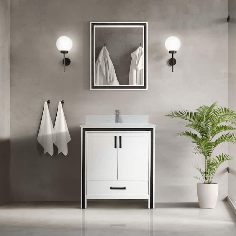 Ziva 30 in W x 22 in D White Bath Vanity, White Quartz Top and 28 in Mirror