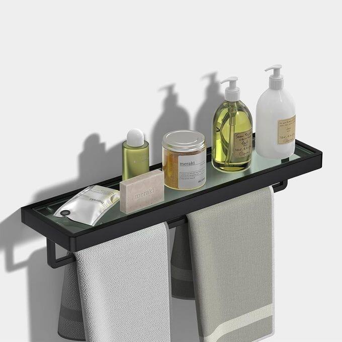 Bathroom Tempered Glass Rectangle 1 Tier Organizational Wall Shelf 20 Inch with Towel Bar/Rack Floating Shelf