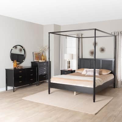 Marisela 4-Piece Black Bedroom Set - Canopy Bed with Synthetic Rattan Headboard, Matching Dresser, Chest, and Nightstand