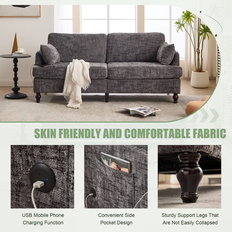 Modern Chenille 2-Seater Wood-Legged Sofa with LED light, USB Charging Port and Storage Bag