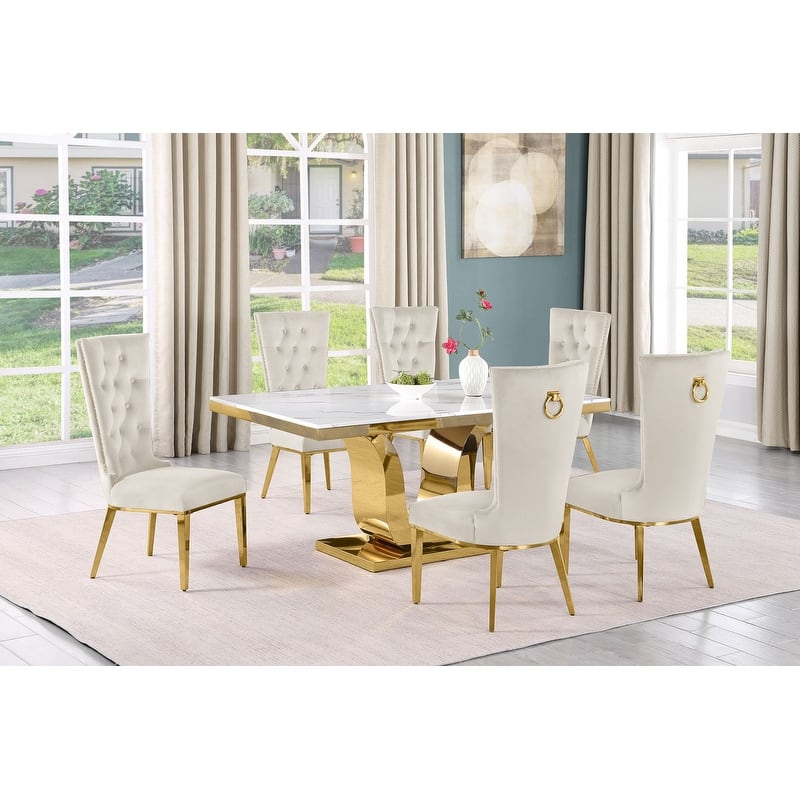 Best Quality Furniture D320-SC334-7 Dining Set with 66" White Marble Top