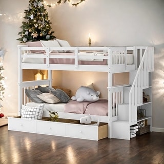 Artsy Twin-Over-Twin Bunk Bed with Three Drawers and Storage Stairway for Bedroom, Maximized Space