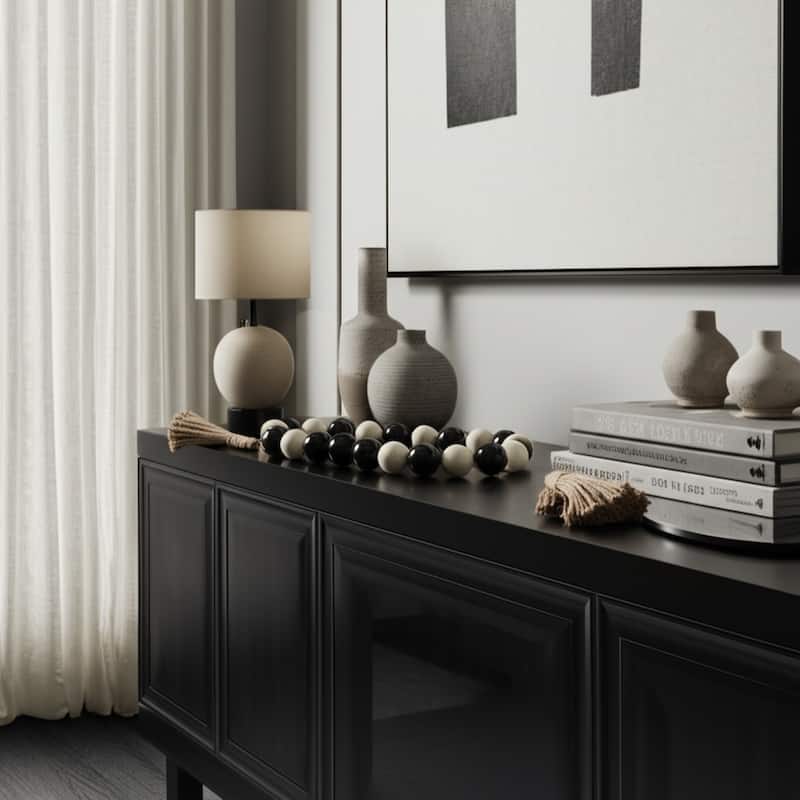 Decorative Bead Strand with Resin Spheres and Woven Jute Tassels - 46" x 3" x 3" - Black/ White