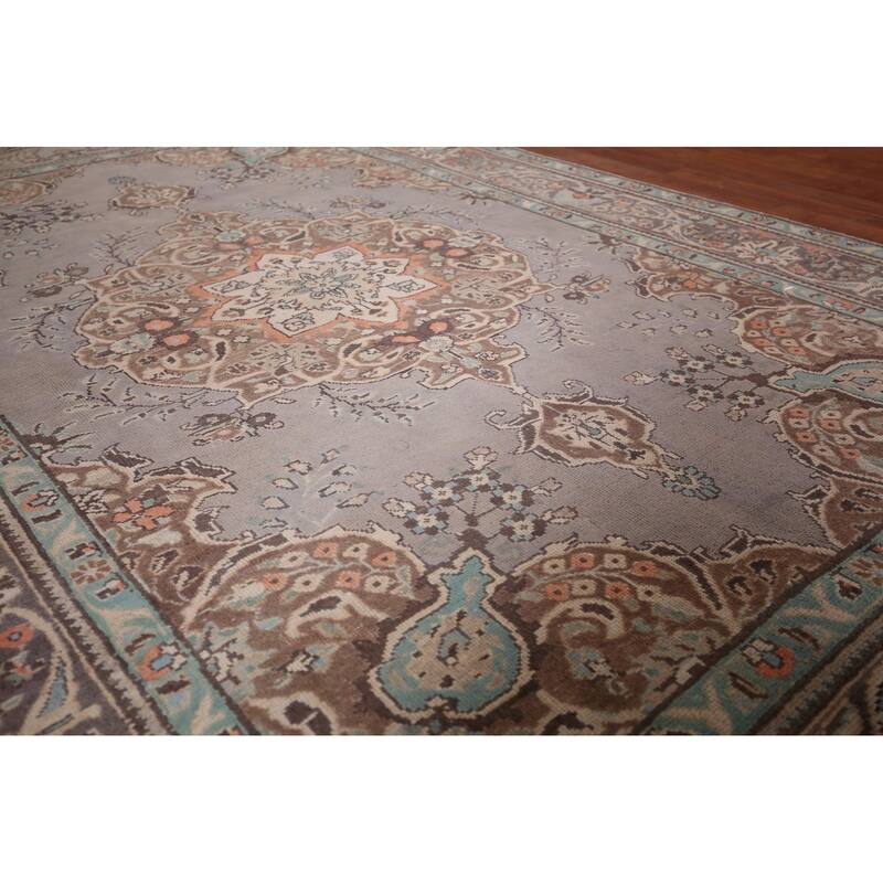 Hand Knotted Oriental 100% Wool Carpet Traditional Medallion Greys & Charcoal Tabriz Area Rug - 9' 8'' X 6' 5''