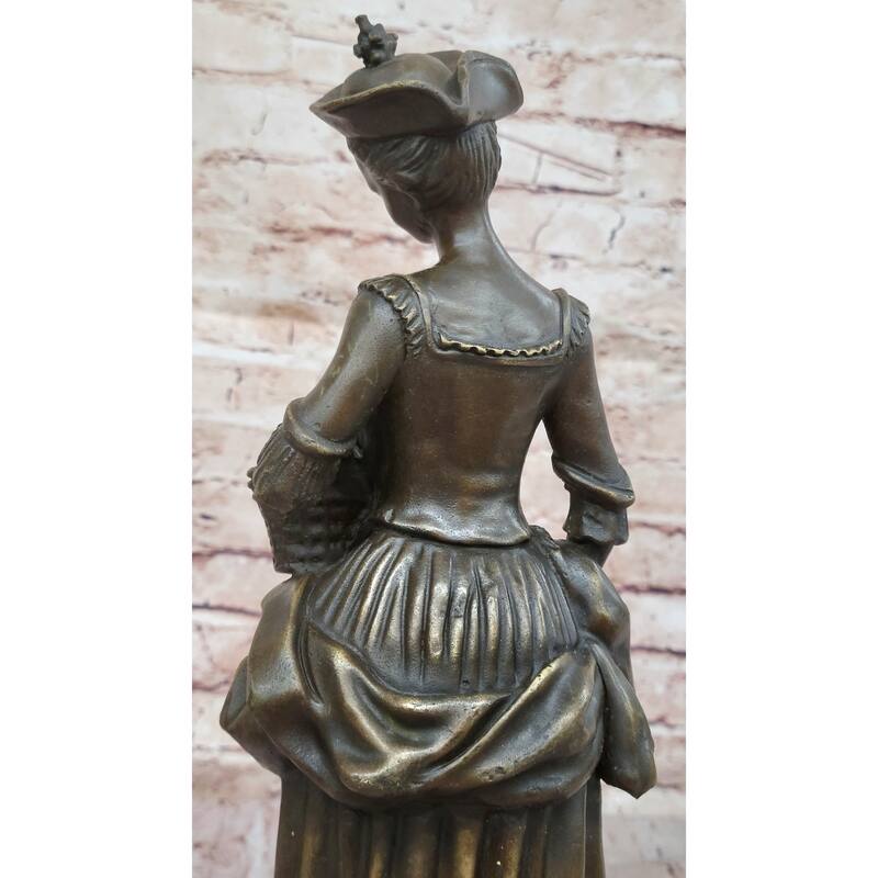 Bronze Sculpture Of Woman In Traditional Dress Holding Basket Of Flowers - Rustic Country Lady Statue