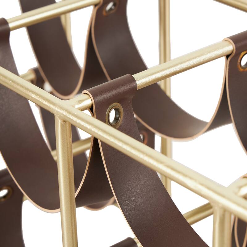 Gold Metal Wine Rack with Faux Leather Holding Straps