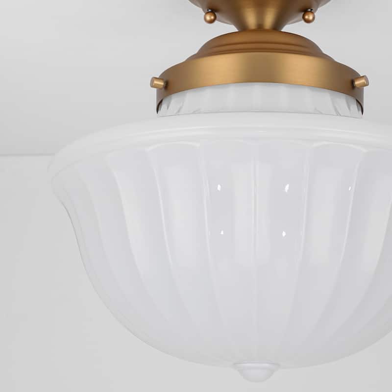 1-Light 14.9" Gold Mid-Century Modern Geometric Milky White Glass Semi-Flush Mount Light - 14.9 in. W x 14.5 in. H