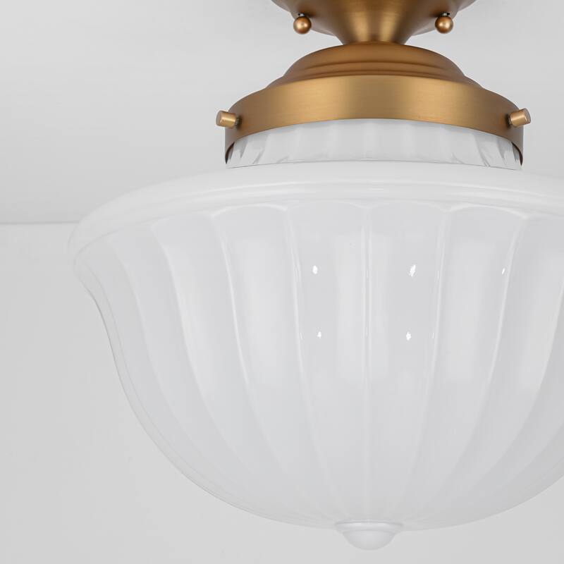 1-Light 14.9" Mid-Century Modern Gold Geometric Cone Milky White Glass Semi-Flush Mount Light - 14.9 in. W x 14.5 in. H