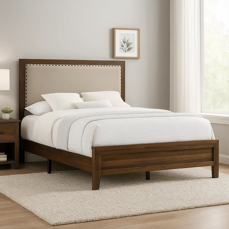 Shannon King Bed with Nailhead Trim, Ivory Fabric on, Cherry Brown Wood