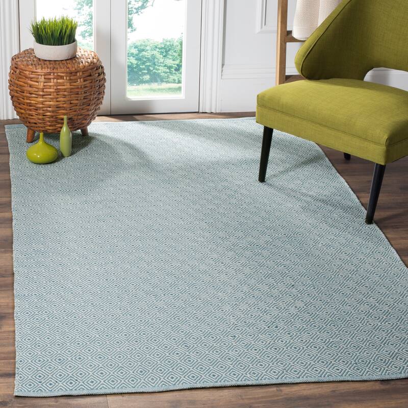 SAFAVIEH, Handmade Flatweave Montauk Brice Casual Cotton Rug - 9' x 12' - Ivory/Light Blue