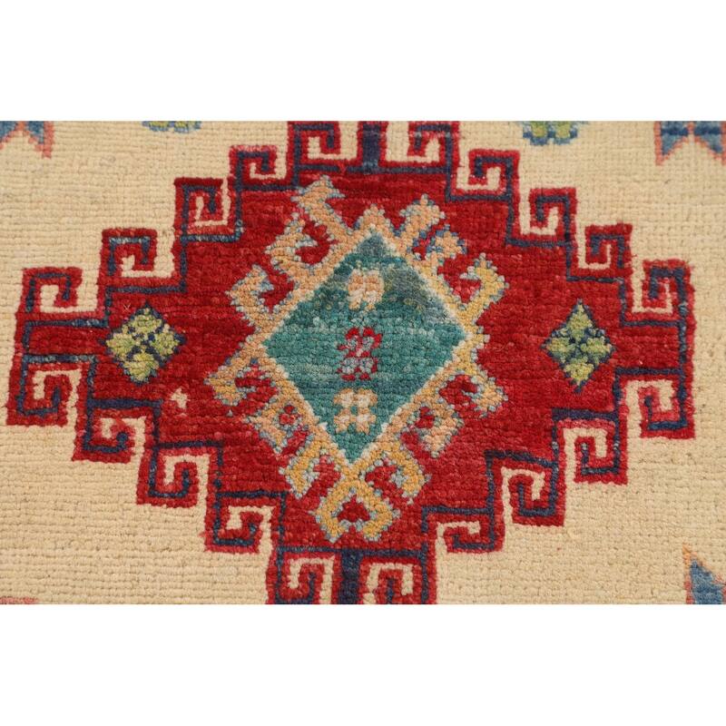 Ivory Geometric Kazak Foyer Rug Hand-Knotted Wool Carpet - 2'9" x 4'2"