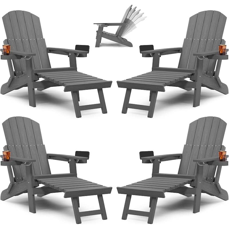 WINSOON All Weather HIPS Folding Adirondack Chair with Ottoman, 5-Gear Adjustable Backrest and Retractable Ottoman Set of 4 - Grey x4