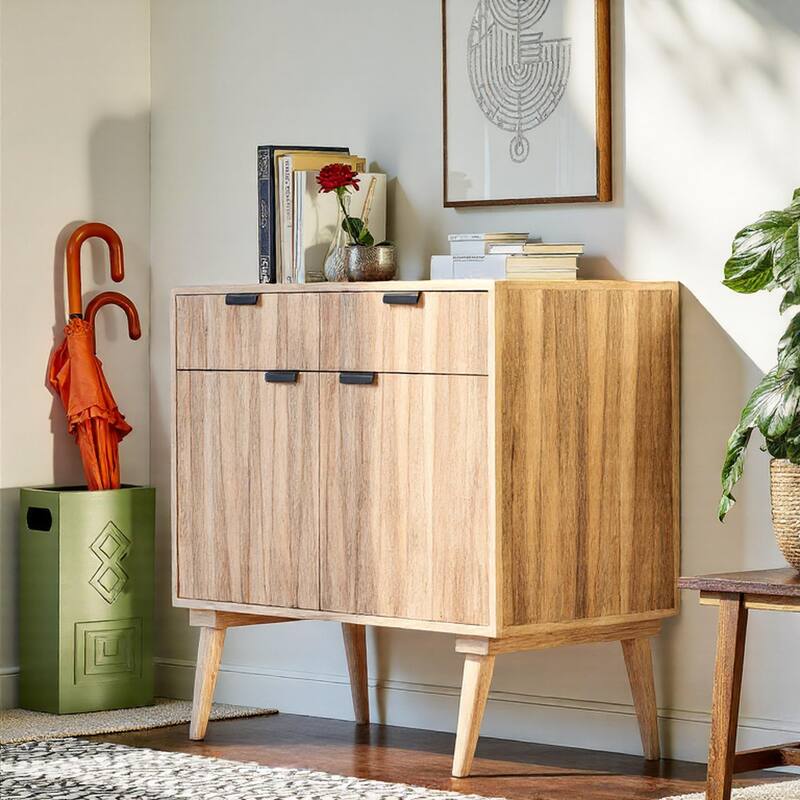 Latimer Mid-Century Modern Handcrafted Mango Wood 2 Drawer Cabinet with 2 Doors by Christopher Knight Home - Natural