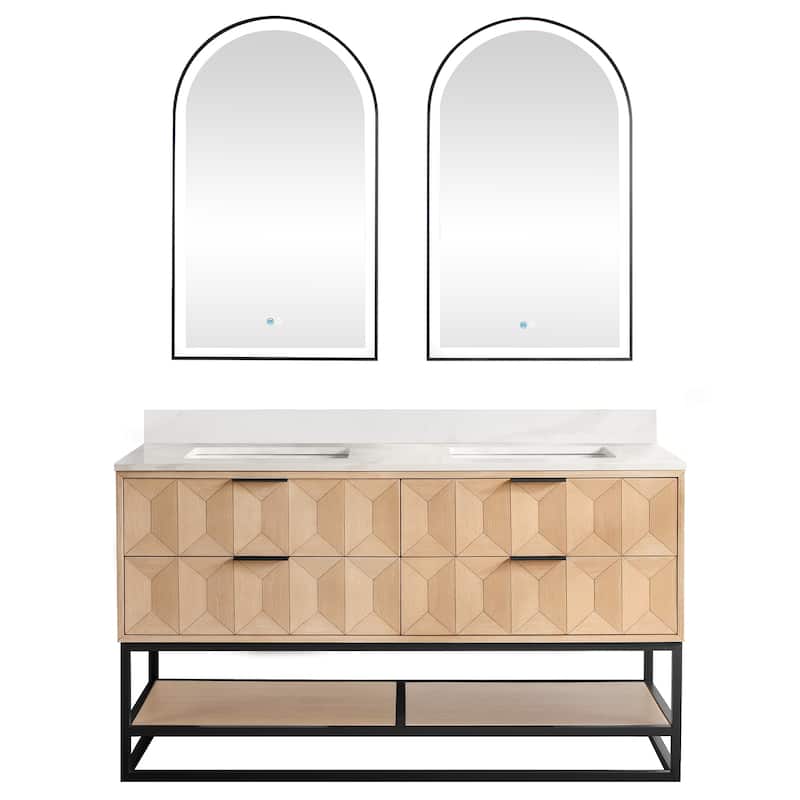 Milagro Bath Vanity with White Quartz Stone Top and Mirror - 60in. - Matte Black Base