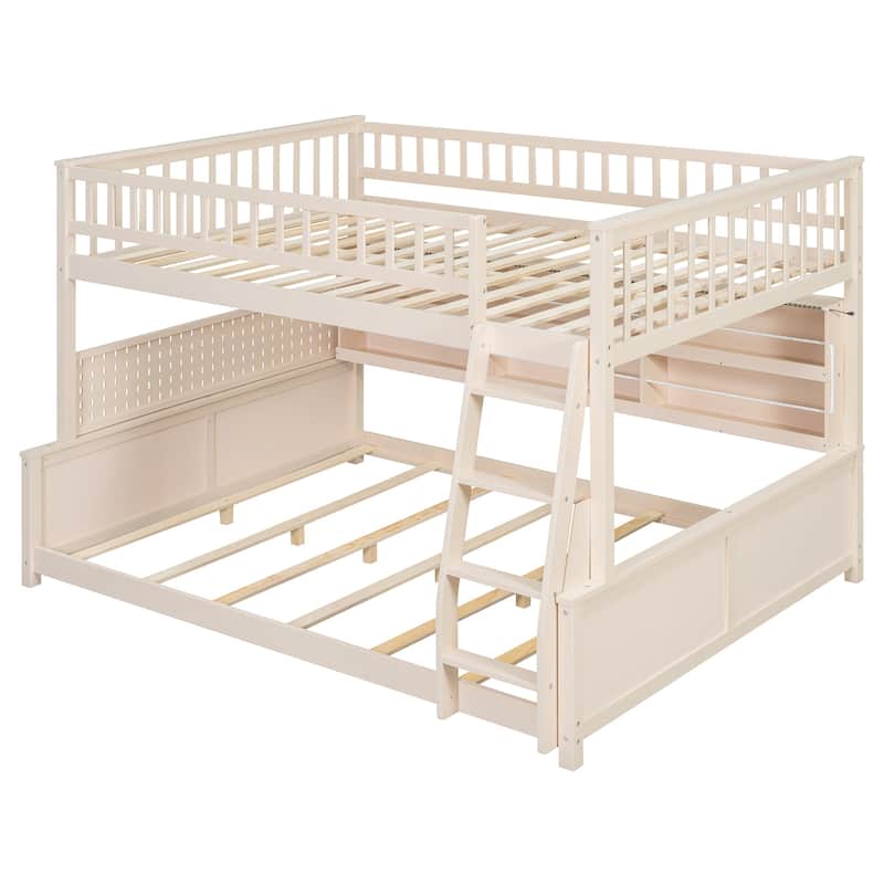 Full XL over Queen/Full over Full Bunk Bed with Integrated Shelving, Color-Changing Lights & Pegboard