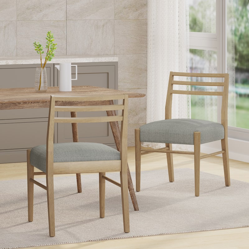 Farmhouse Dining Chairs Set of 2 Grey Upholstered Ladder Back Rubberwood Kitchen Chairs