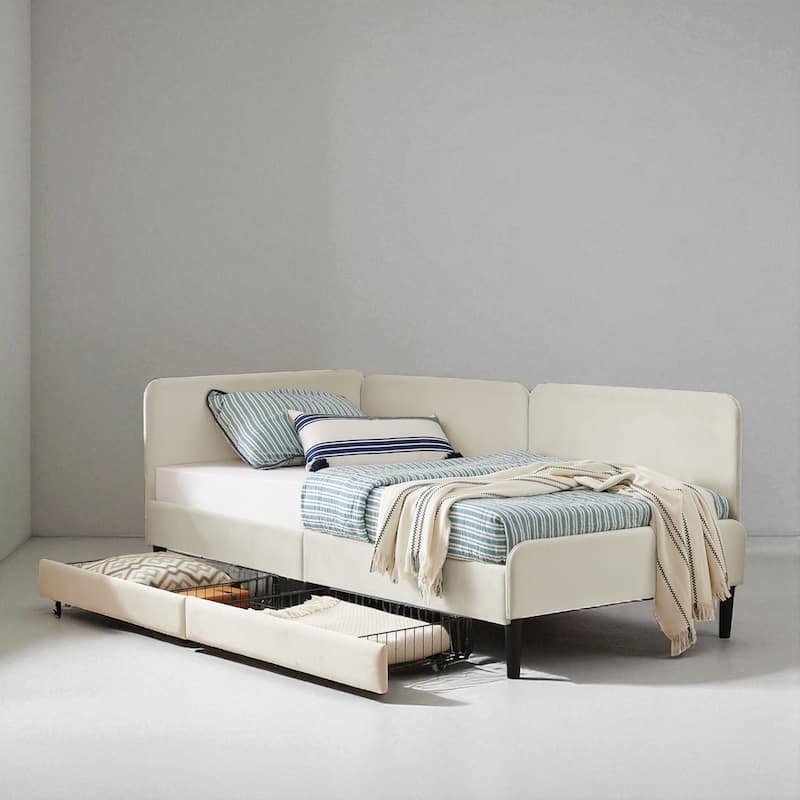 Twin Size Upholstered Platform Sofa Bed with Velvet Cushions and 2 Storage Drawers, Convertible Daybed Frame
