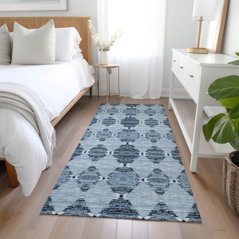 Machine Washable Indoor/ Outdoor Chantille Modern Boho Damask Rug - Blue - 2'3" x 7'6"