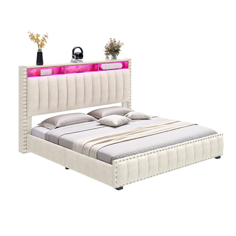 Moasis King Bed Upholstered Platform with Button-Tufted Frame