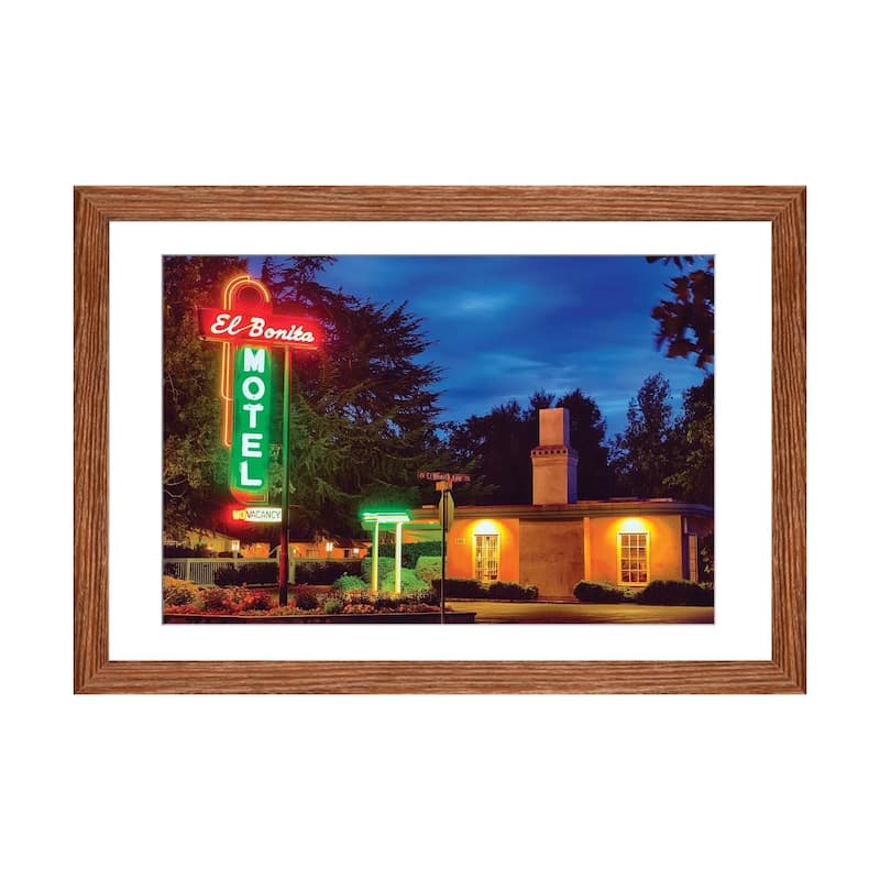 iCanvas "Neon Lights Of A Roadside Motel, El Bonita, St Helena, Napa Valley, California" by George Oze PFA - Walnut - 16x24x1