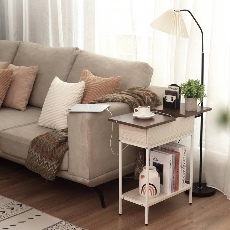 Flip Top Narrow End Table with Storage and Built-In Outlets, Small Side Table