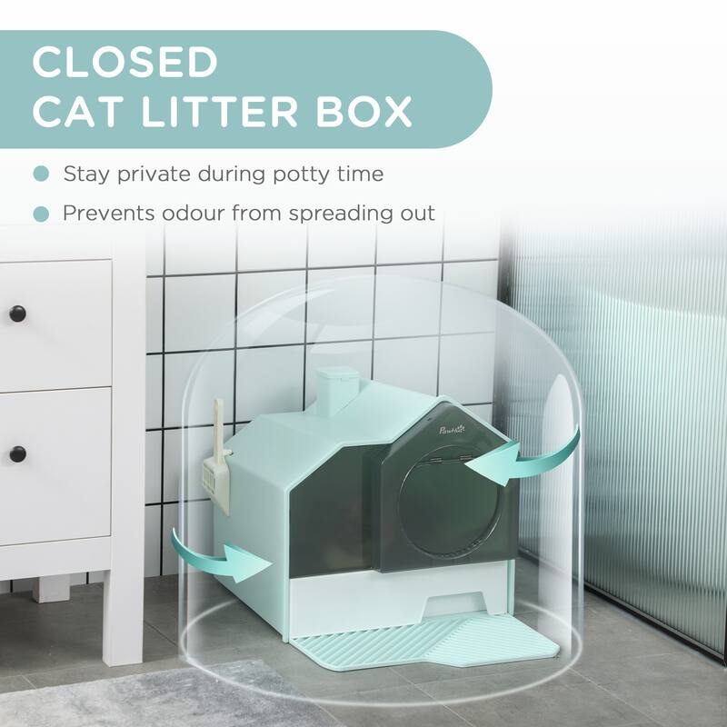 PawHut Hooded Cat Litter Box with Kitty Litter Mat, Kitty Litter Pan with Odor Control