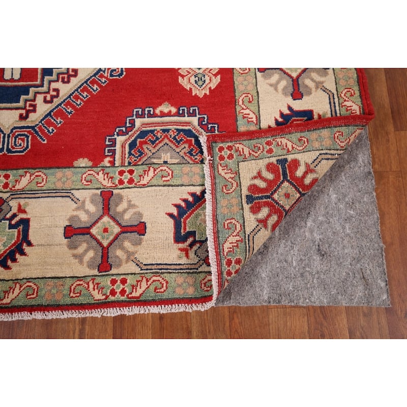 Geometric Kazak Rug Hand-Knotted Bedroom Red Wool Carpet - 5'9" x 7'7"