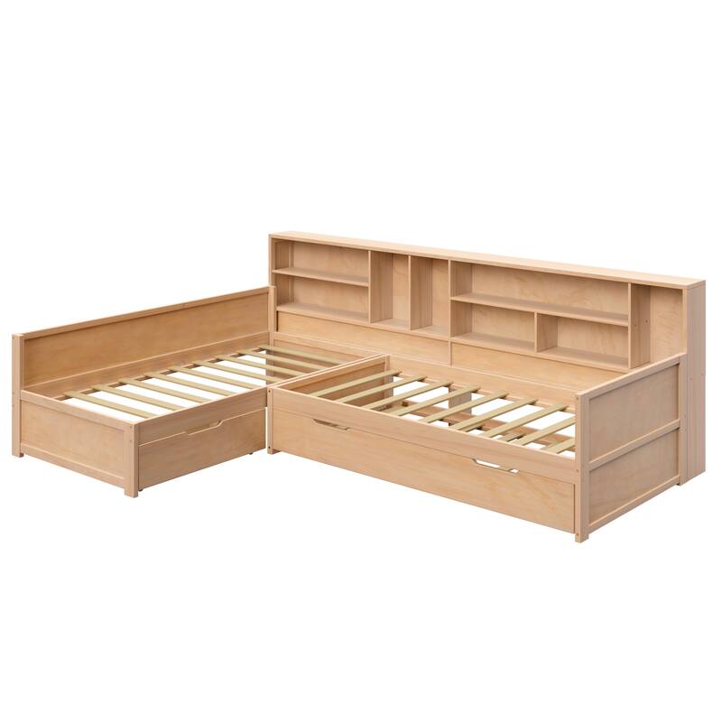 3-in-1 Bookcases Daybed L Shape Corner Sofa Bed Frame Wood Captains Bed with Underbed Trundle and Storage Drawer, Space-Saving
