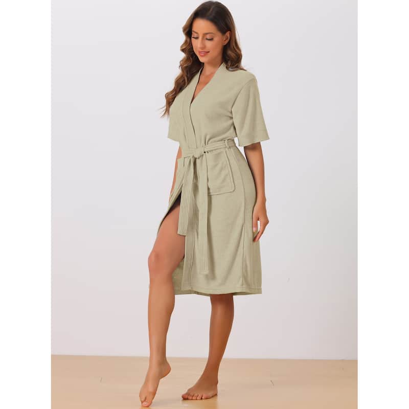 Womens Towel Robe Short Sleeve Toweling Self Tie Loose Bathrobe for After Shower with Pocket - Light Yellow - S