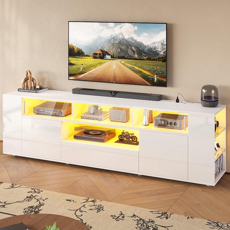 TV Stand for 70/75/80 Inch TV 1 Drawer and 2 Storage Cabinet Power Outlet - White