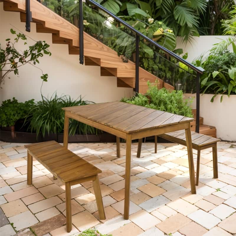 3-Piece Outdoor Solid Wood Table & Bench Set, Patio Furniture Set