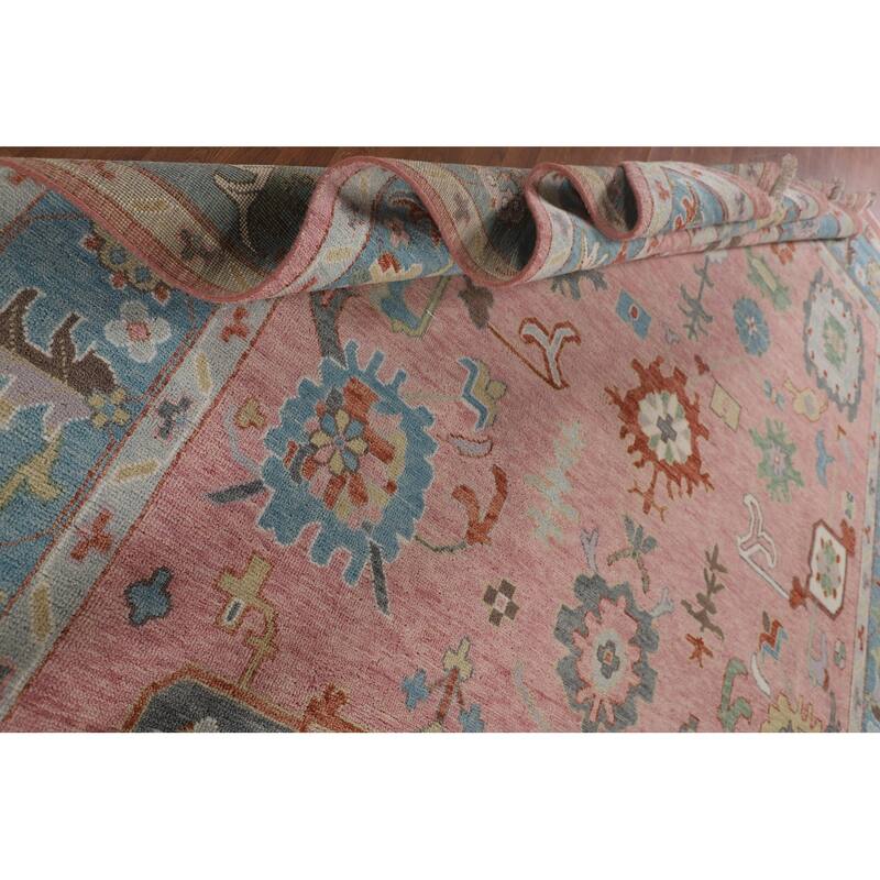 Pink Floral Oushak Oriental Large Area Rug Hand-Knotted Wool Carpet - 9'6" x 14'1"