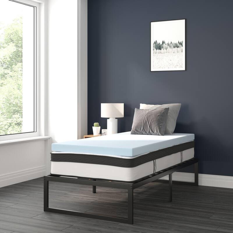 Platform Bed Frame; Pocket Spring Mattress & Memory Foam Topper - Black - Twin