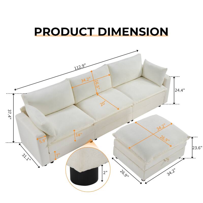 Modular Sectional Sofa for Living Room, U-Shaped Sofa Couch with Corduroy Fabric, 3/4 Seat Oversized Couch with Movable Ottoman